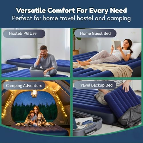 Image of Toy Imagine (80 x 60 x 10 Inch, Blue Queen Size Inflatable Air Mattress with Pump & 2 Air Pillows | Portable Foldable Air Bed for Home, Guests, Camping & Travel | Durable PVC Blow Up Mattress