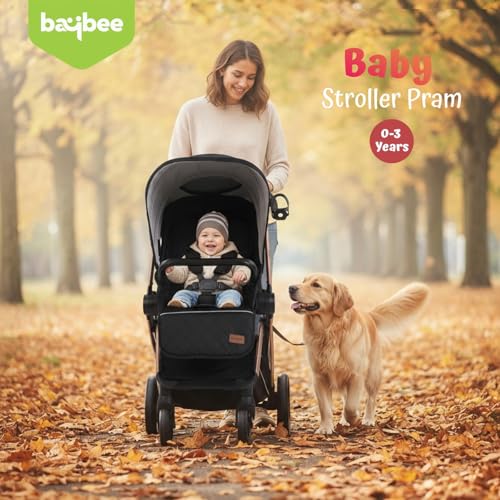 Image of Baybee Baby Stroller Pram for 0-3 Years | Reversible Seat, Canopy, 3-Position Recline, Large Wheels, Lightweight Aluminium Frame | Strollers for Boys & Girls (Black)