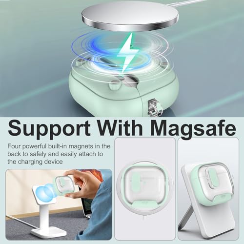 Image of Aircawin for Airpods 4 Case Clear,Secure Lock for Airpods 4th Generation Case Cover with Phone Stand and Magsafe Function,Auto Pop-up,Hybrid Protection Design with Carabiner&Cleaning Pen-Green