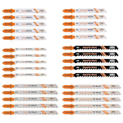 30PCS T Shank Jigsaw Blades Set - BGTEC HCS/HSS Jig Saw Blades for Wood, Plastic and Metal Cutting(T118A,T118B,T101AO,T101B,T101BR,T144D)