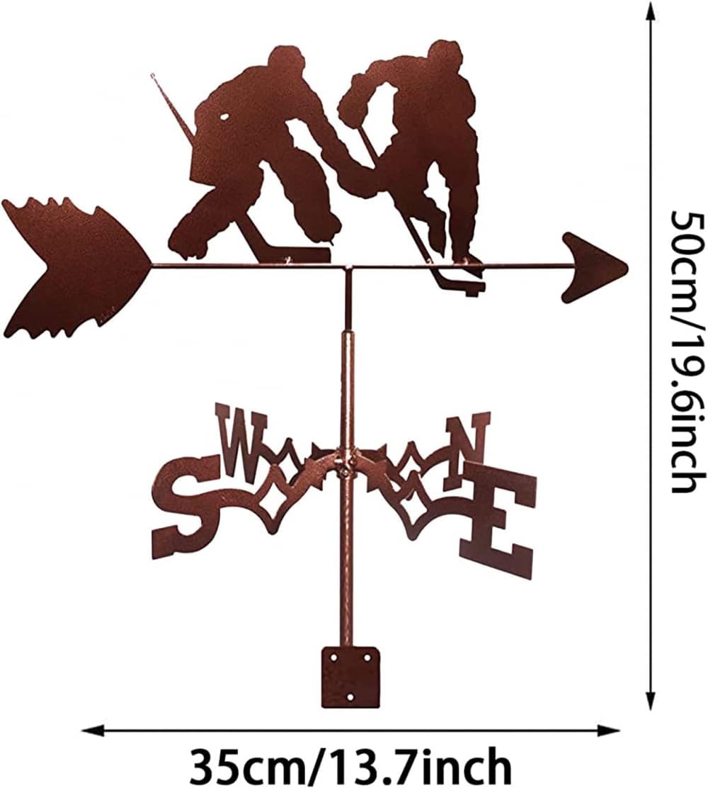 Weathervane Playing ice Hockey Weather Vane Metal Retro Vane Direction Indicator and Roof Decoration，A