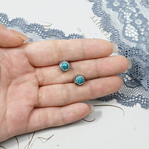 Desnuage Tibetan Turquoise Earrings 8Mm Round 925 Sterling Silver Post Stud Earrings Gemstone Earring Hypoallergenic Handmade Earrings For Women Trendy Fashion thumb #4