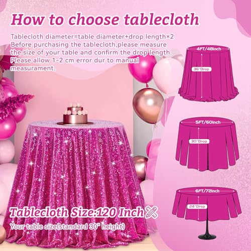 Image of B-COOL Round Sequin Tablecloth Party Decorations: 120 Inch Fuchsia Table Cloth Glitter Fabric Overlay for Indoor Outdoor Dining Parties Home