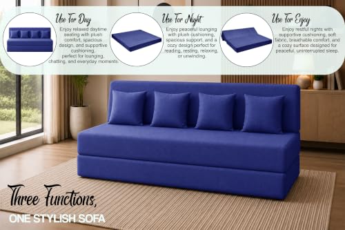 Image of Sofa Cum Bed with Jute Fabric, Convertible Four Seater Sofa Bed 6x6 Ft, Comfortable Cushioned Seating, Space Saving Design for Living Room, Bedroom & Guest Room - Blue Color