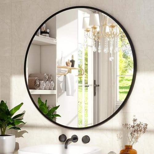 Image of Sidra Decor Metal Frame 24 Inch Round Wall Mirror for Home Decoration | Wall Mounted Circle Mirror for Bathroom, Living Room, Bedroom, Hallway, HD Vanity Mirror wash Basin (Black Frame)