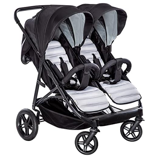 Hauck Rapid 3R Duo, sida vid sida-dubbelvagn upp till 36 kg med liggläge från födseln, enkel hopfällning, stora hjul och medföljande adaptrar för två bilbarnstolar – svart grå