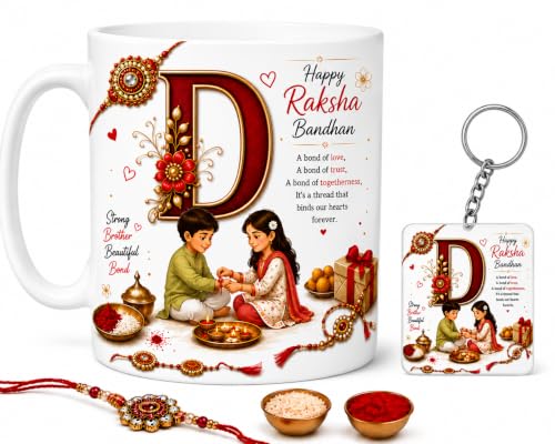 Image of Raksha Bandhan Alphabet D Coffee Mug with Matching Square Keychain | Includes Rakhi, Roli & Chawal | 350 ML Ceramic Printed Cup | Brother Sister Festival Collection