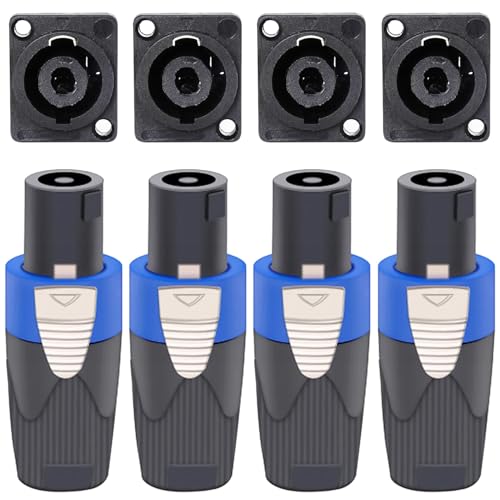 Greluma 4 Set Kit de connecteurs Speakon, fiches de haut-parleur 4 broches à verrouillage rotatif et prises de montage sur panneau de châssis, compatibles NL4FC,...