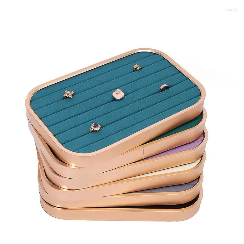 Image of Gold Metal Ring Organizer Jewelry Display Tray Metal Velvet Mall Jewelry Show Tray Earrings Showcase Rings Case