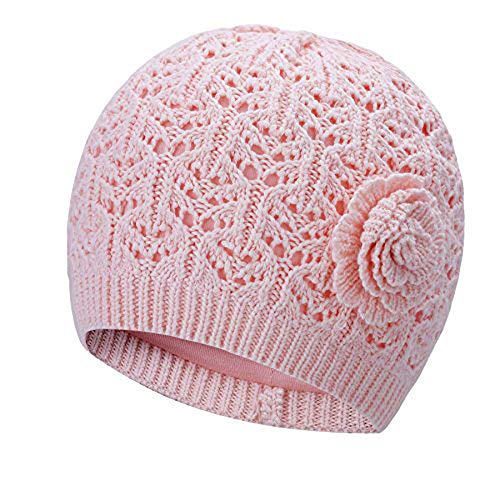 Vivobiniya Baby Girl Winter Knit Hat Toddler Beanie Double Hollow Flower Hat 6M-6Ypink and White