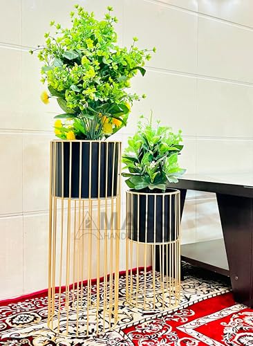 Image of Modern Metal Decorative Floor Standing White And Gold Indoor Outdoor Plant Stand With Pot For Home Decor Living Room Office Bedroom Balcony Set of 2 Flower Pots (Black)