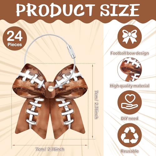 24 Pcs Football Bow Luggage Tags for Suitcases Travel Labels with Metal Ring 2.75 Football Keychain Accessories, PVC Name ID, DIY Card, for Men Women Travel Bag Backpack2