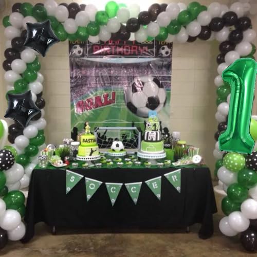 Image of TONIFUL 32 Inch Soccer Balloons Set 1st Birthday Decoration Green Number 1 Foil Soccer Balloon Black Star Balloons for Children's Boys Birthday Party Football Themed Party Supplies