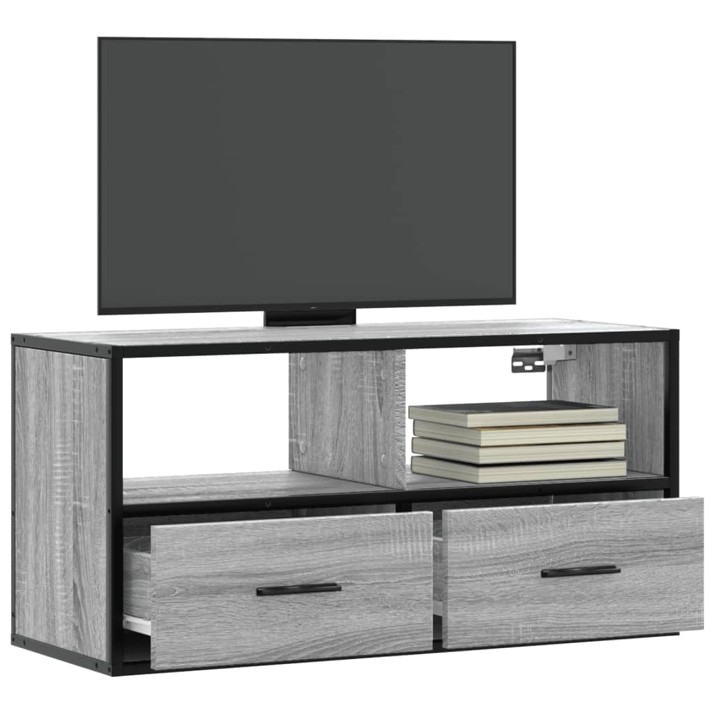 Meuble TV bois et métal avec rangements ouverts gris Sonoma