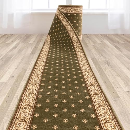 Well Woven Custom Size Hallway & Stair Runner - Barclay Fleur de Lis Green 27 Inches Wide x 20 Feet Long Runner (27