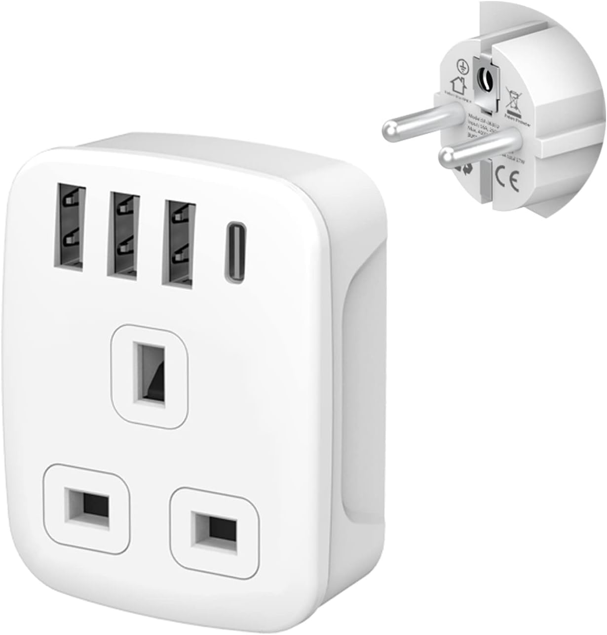 UK to European Plug Travel Adapter with USB C, Grounded Euro EU Schuko