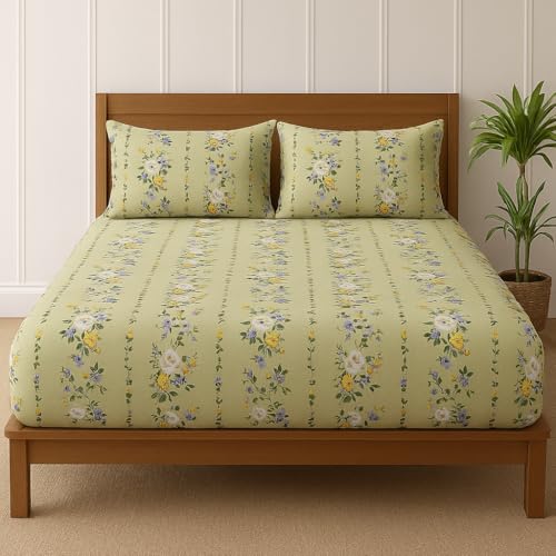Image of Premium Cotton Fitted Bedsheets with 2 Pillow Covers for King Bed | 200-220 TC | Size 78x72+10 Inches | Olive Green | Soft, Durable, All-Around Elastic Luxury Collections