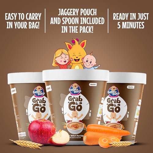 Image of BE'BE' BURP Travel pack Grab & Go- Finger Millet Mix with Apple & Carrot |Natural Food No Sugar No Salt | No Artificial Preservatives & Flavours | Baby Cereal-120gm (Pack of 4)