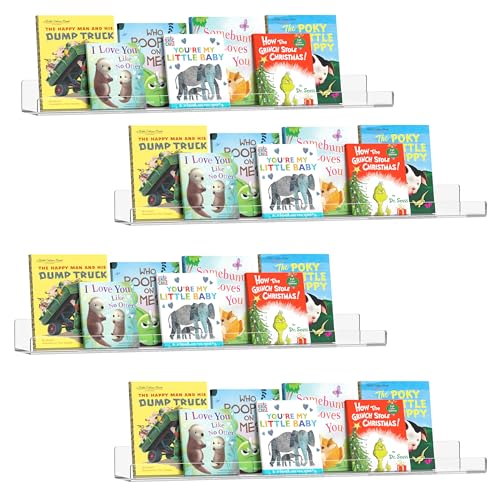 Image of HBlife 36 Inches Invisible Wall Floating Bookshelf for Kids and Nursery, 16 Inch Stud Spacing Clear Acrylic Shelves for Figures, 4 Pack (5MM Thick)