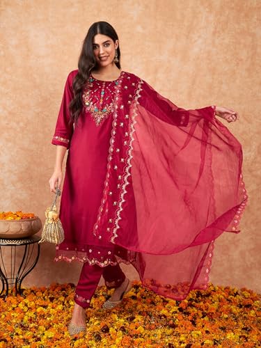Image of INDO ERA Women's Embroidered Calf Length Silk Blend Straight Kurta Pant with Dupatta