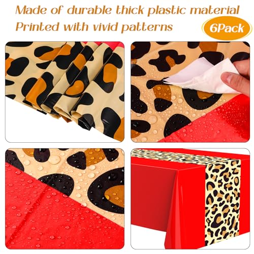 Image of Buryeah Leopard Print Tablecloth 54 x 108'' Leopard Plastic Table Cover Disposable Safari Animal Cheetah Print Party Decorations for Baby Shower Wedding Birthday Party Favors(Red,6 Pcs)