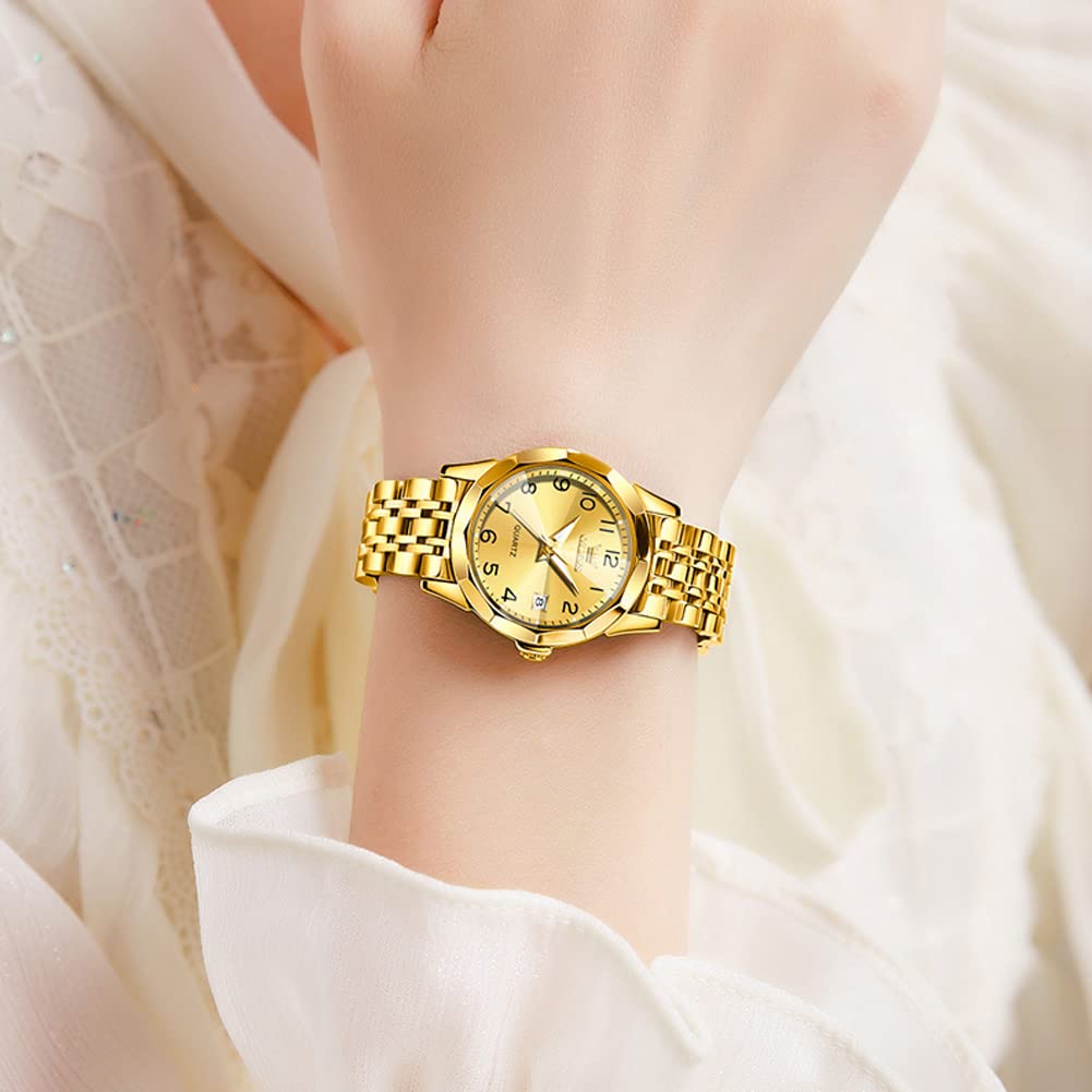 OLEVS Damenuhren Leicht zu lesen Armbanduhr mit Kleines Gesicht Gold Silber Edelstahlband Leuchtend wasserdichte Kalender Luxus Armbanduhr