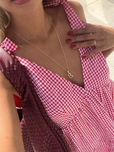 Image of Women Y2k Plaid Short Dress Sleeveless Tie Shoulder Backless Flowy Babydoll Gingham Mini Dress Casual Cute Streetwear