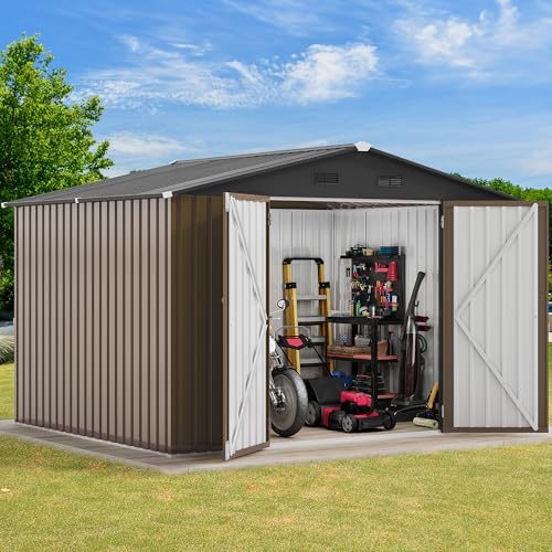 Image of DWVO 10x8FT Outdoor Storage Shed, Spacious Metal Tool Shed with Lockable Doors & Ventilation for Patio, Lawn, and Backyard, Ideal for Storing Garden Equipment, Lawnmowers, and Bicycles, Brown