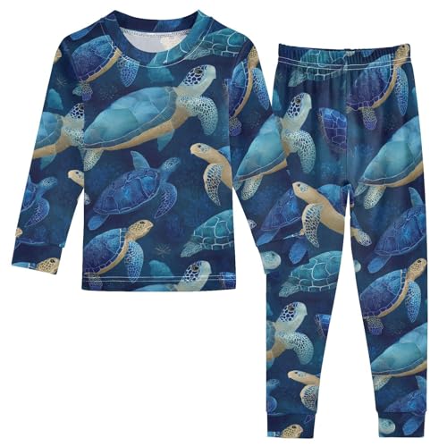 Pajama Sets Long Sleeve Blue Sea Turtle Pattern Soft Comfy Sleepwear 2 Piece PJS 3-8T