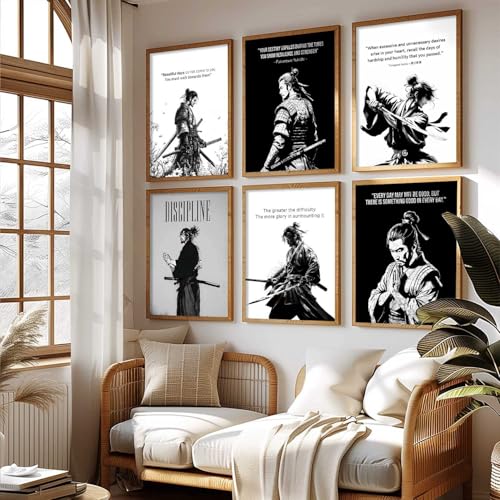 Image of HOTHOUSE Japanese Samurai Motivational Art Framed Posters for Living Room Bedroom Gaming Room Studio | Aesthetic Japanese Theme Samurai Poster with Frames Wall Decor Set Of 6 (10X13 inch)