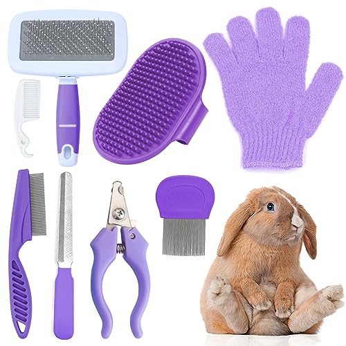VCZONE 8 Pcs Small Animal Grooming Kit, Rabbit Grooming Kit with Pet Nail Clipper and File, Flea Comb, Pet Shampoo Bath Brush, Pet Shedding Slicker Brush, Bath Massage Glove, Cleaning Comb (Purple)