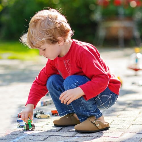 Image of Kids Clogs for Boys Girls Genuine Suede Leather Potato Slide Adjustable Buckle Indoor Outdoor Slippers