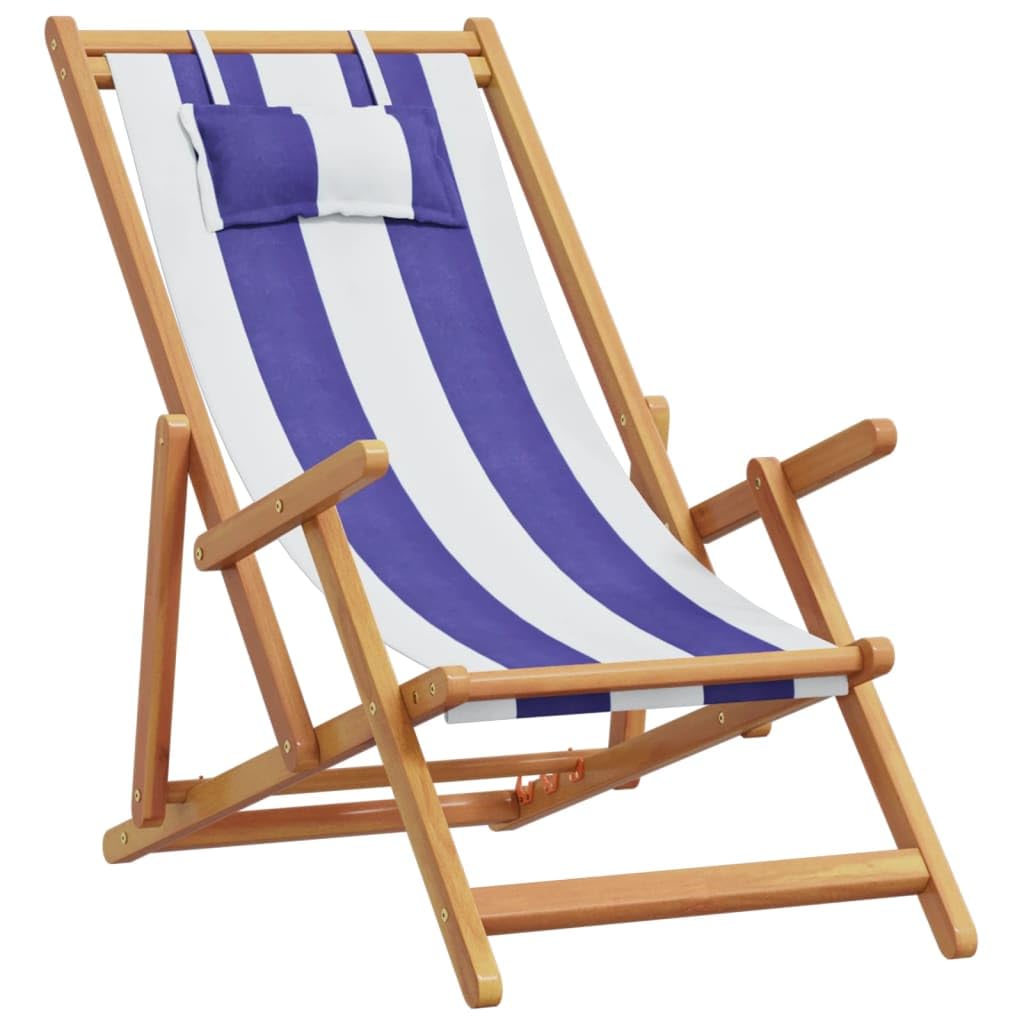 vidaXL Chaise de Plage Pliable Bleu et Blanc Bois d'eucalyptus/Tissu, Chaise Longue, Chaise d'extérieur, siège d'extérieur, Chaise de Camping