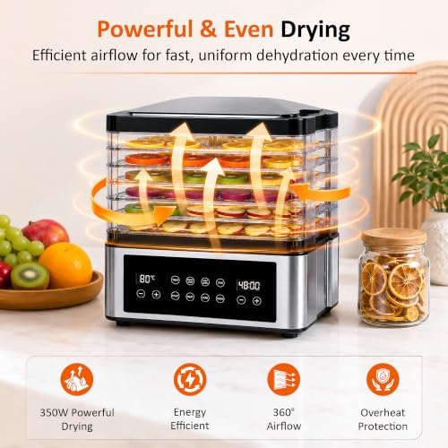 Image of FATHOM Elite Food Dehydrator 350W 5-Tray | 304 Stainless Steel, 35-80C Temperature Range, 48H Digital Timer, Rotating Airflow, Built-in Power Saver 0.3-0.5 Unit /Hr
