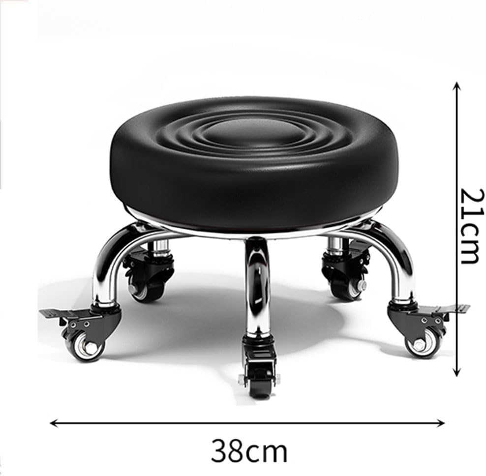 Low Roller Stool with 360° Swivel Wheels, Low-Height Short Rolling Stool Seat, PU Leather Small Mechanic Chair, Rolling Stools for Pedicure, Garage, Shop, Library Black