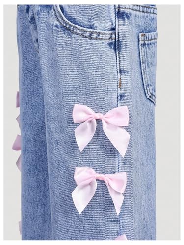 WDIRARA Toddler Girl's Y2k Bow Jeans Elastic High Waisted Wide Leg Denim Pants4