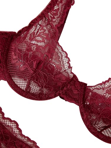 Image of Lilosy Sexy Floral Lace Scallop Underwire Push Up Sheer Lingerie Set Outfits