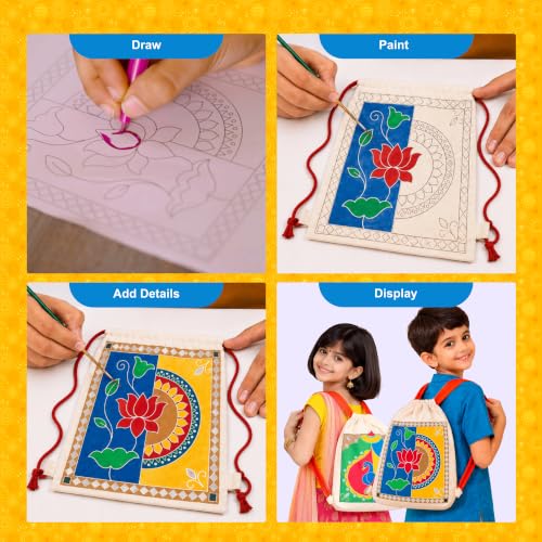 Image of Kores Craft & Carry Lippan Art Kit for Kids | DIY Indian Art Canvas Bag Painting Kit | Dual-Sided Drawstring Bag | Acrylic Colours, Sketch Pens, 3D Liner, Beads, Fabric Glue & Manual | Age 6-99