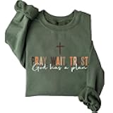 FORHVIPS Pray Wait Trust God Has A Plan Fleece Sweater Women Long Sleeve Religious Faith Sweatshirt Christian Pullover Top