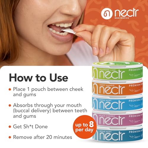 Image of Nectr Energy 50mg Caffeine Pouches - Sweet Mango Flavored, Sugar-Free Brain Treats. 20x Mini Nicotine-Free Pouches Per Puck. Fast Focus & Energy Supplement - 4 Pack