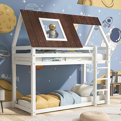Tcewhhy Cama de casa con escalera en ángulo recto, cama infantil, con protección contra caídas y vallas, marco de madera de pino, techo marrón, cama blanca de 200 x 90 cm, litera para niños y