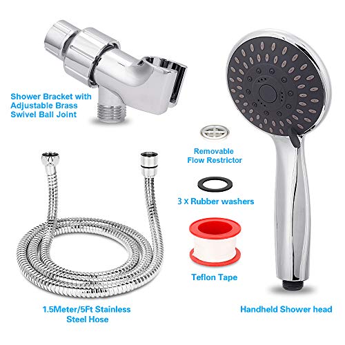 Handheld Shower Head High Pressure 5 Spray Settings Detachable Hand Held Showerhead Chrome Face with Hose and Bracket, Simple Tool-free Installation