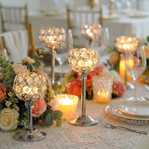 Set of 3 Silver Crystal Metal Tealight Candlestick, Bling Bowl Candelabras, Tall Votive Candle Holders Elegant Candle Centerpiece for Dining Table Wedding Decor - Image 5