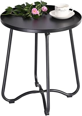 RokiaTek Round Metal Patio Side Table Black Outdoor End Table, Tray Top End Table, Sofa Couch Bedside Table Nightstand Snack Table for Small Place Living Room Bedroom Yard Balcony