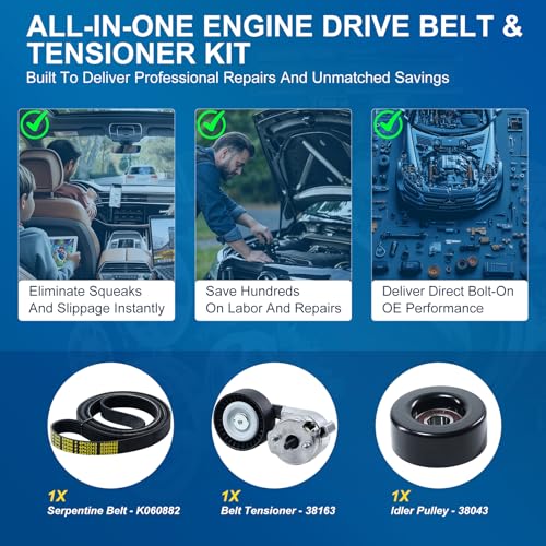 Image of Serpentine Belt Drive Component Kit with Tensioner & Idler Pulley Fit Jeep Grand Cherokee WJ 1999-2004 & Wrangler TJ 2000-2006 - L6 4.0L with AC, Replace 90K-38163