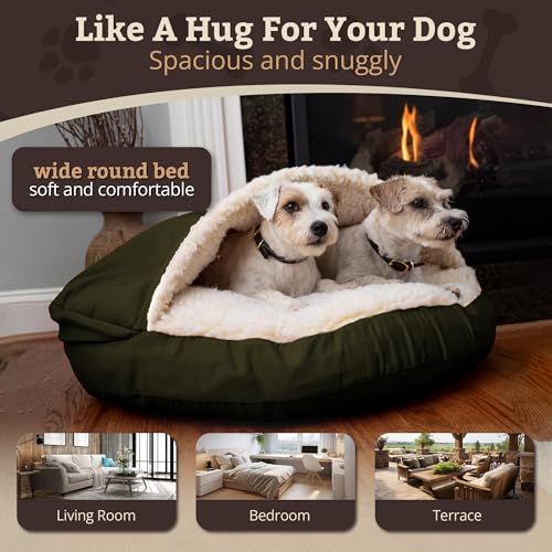 Image of Snoozer Cozy Cave Dog Bed, Round Covered Dog Bed, Olive (S)