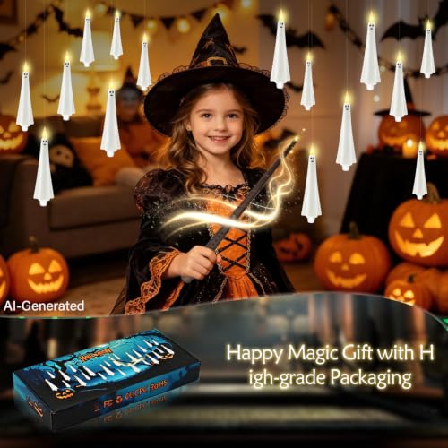 Image of kakoya Ghost Flameless Floating Candles with Wand Remote, 12 Pcs Magic Flickering Battery Operated LED Hanging Taper Candles for Halloween Party Decoration(White)