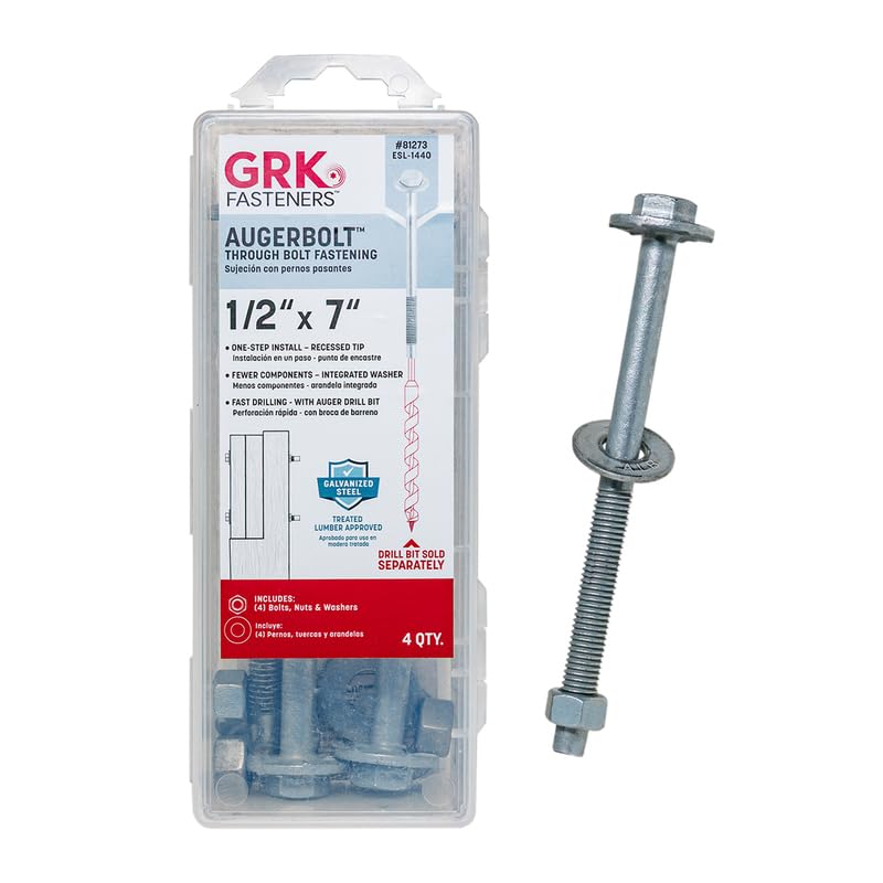 Image of GRK Fasteners AugerBolt Through Bolt Fastening System, 1 /2 inch x 7 inch Galvanized Heavy-Duty Carriage Bolts, Rust Resistant for Post-to-Beam Connections, 4 Bolts w /Hex Nuts, & Washers (excludes Drill bit)