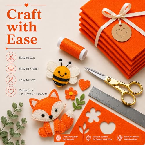 Image of Orange Large Felt Fabric 36 inch x 36 inch (1 Square Yard), 1mm Stiff Felt Sheet, Nonwoven Fabric for Crafts, DIY Projects, Art, Sewing, Lining & Decorations