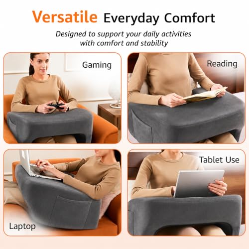 Image of Amazon Basics Memory Foam Lapdesk for Laptop, Ergonomic Laptop Table Pillow for Bed, Wrist Support & Side Pocket, Portable Lap Desk for Work from Home, Study & Travel - Dark Grey